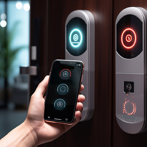 utilisation d'un téléphone intelligent mobile pour ouvrir la porte de sécurité et ouvrir la porte de sa maison.