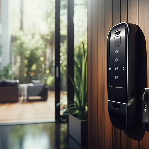 Serrure moderne à code digital entre ouverte vers un salon