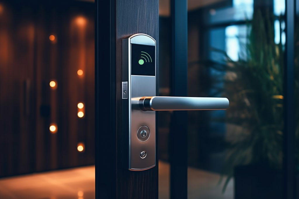 Accès au clavier à écran tactile numérique intelligent en saisissant les chiffres du code d'accès, poignées de porte numériques électroniques sur porte en bois Porte d'hôtel ou d'appartement, future technologie de sécurité moderne plus sécurisée. Photo de haute qualité. Serrure moderne.