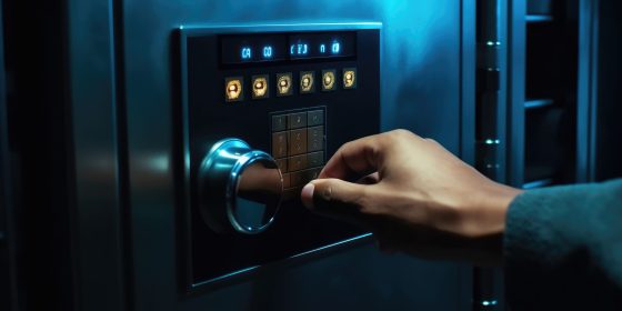 Gros plan d'une main plaçant un code aléatoire dans un coffre-fort avec un verrou à clavier numérique