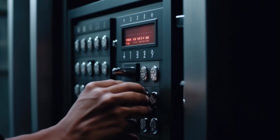 Gros plan d'une main plaçant un code aléatoire dans un coffre-fort avec un verrou à clavier numérique